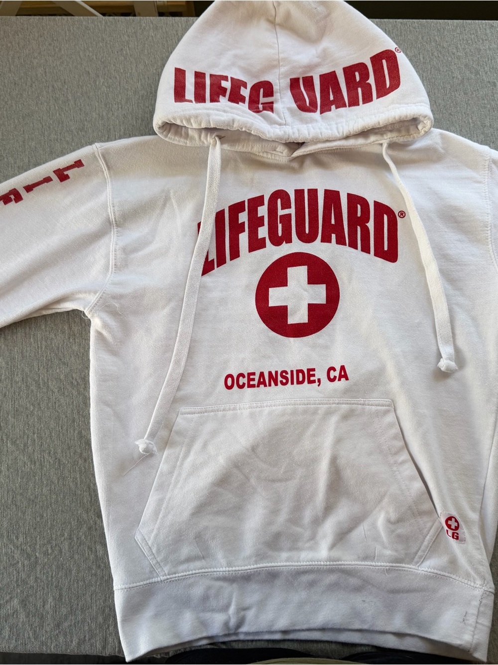Lifeguard Oceanside CA White Hoodie with Red Print